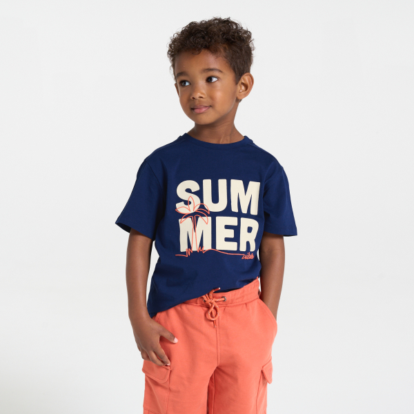 Boy's navy blue short-sleeve slogan T-shirt