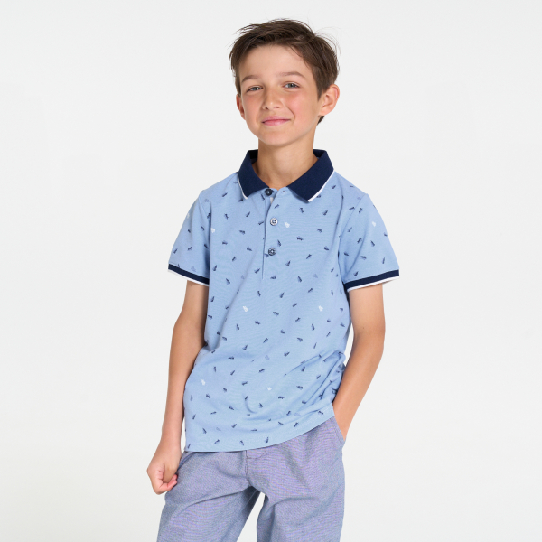 Boy's blue jersey piqué printed polo shirt with short sleeves