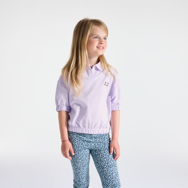 Girl's mauve short-sleeve sweatshirt with polo-shirt collar Girl's mauve short-sleeve sweatshirt with polo-shirt collar