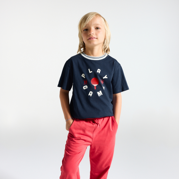 Boy's blue slogan T-shirt with short sleeves