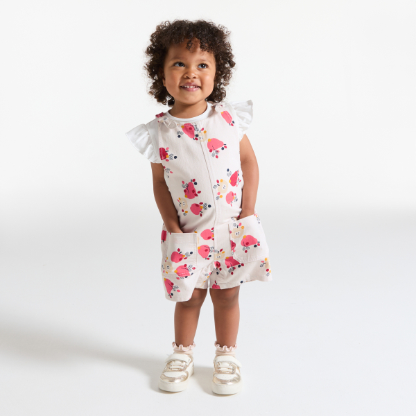 Baby girl's short pink fruity dungarees